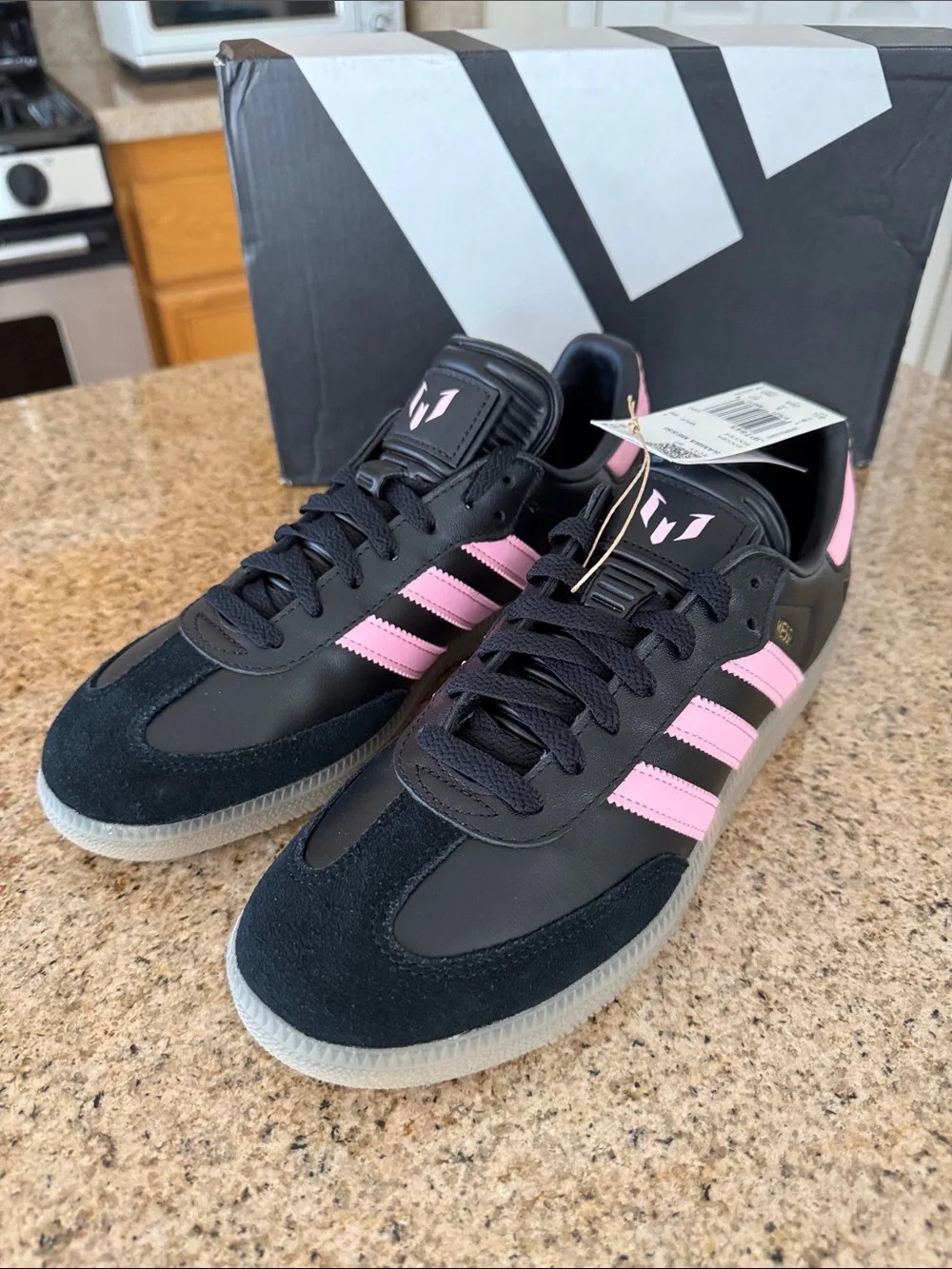 adidas Samba MESSI SOCCER Black with Pink Stripes and Gum Sole 8.5 men/9.5 women